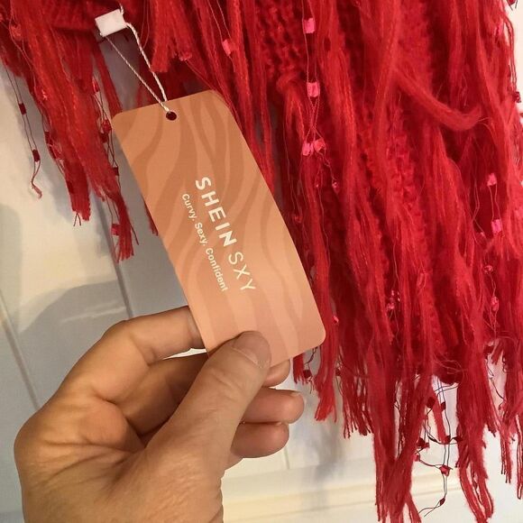 NWT SHEIN Sky Red Fringe Crop Sweater - Picture 2 of 6